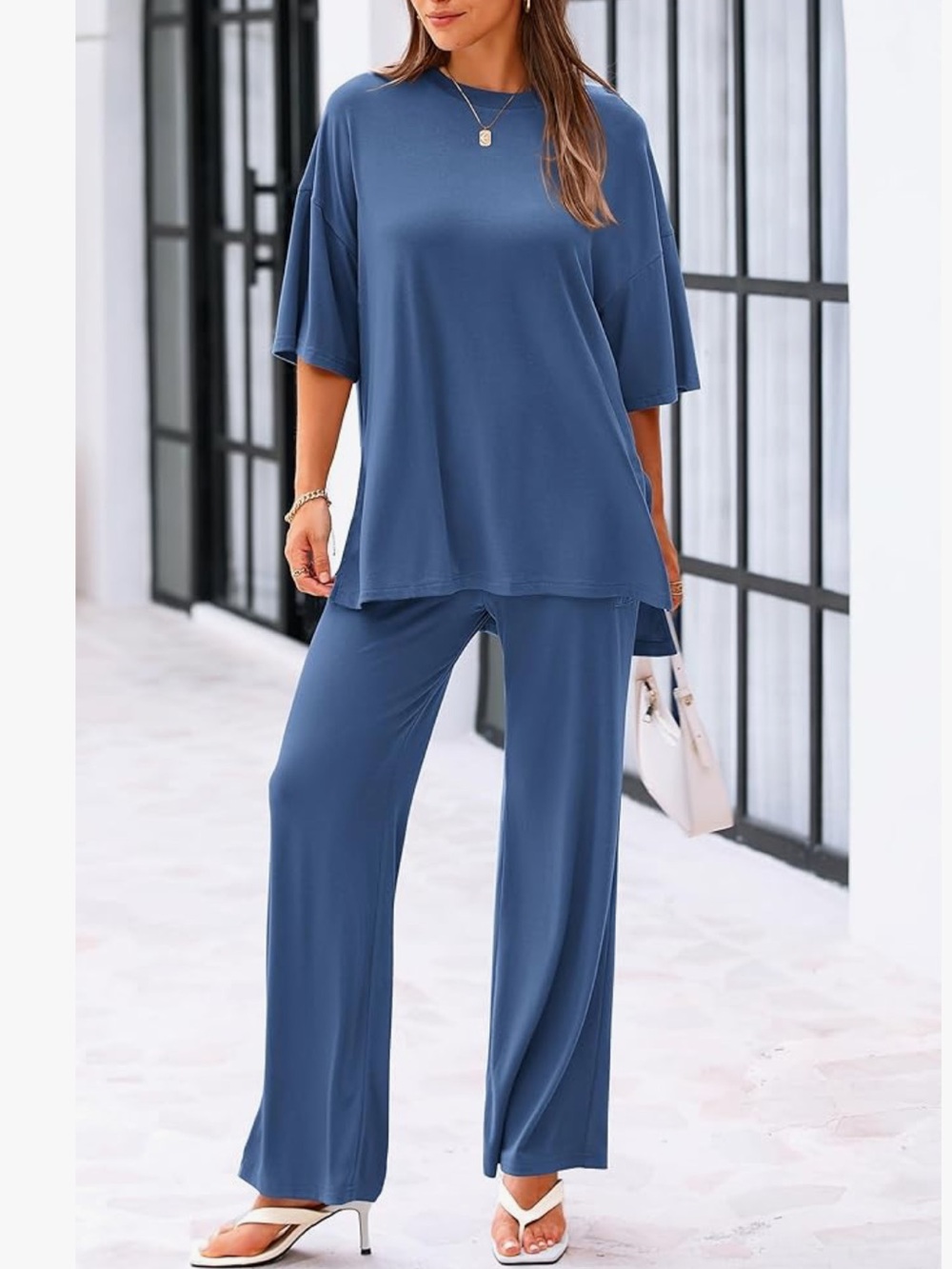 Women's Relaxed Wide-Leg Pant Set in Slate Blue